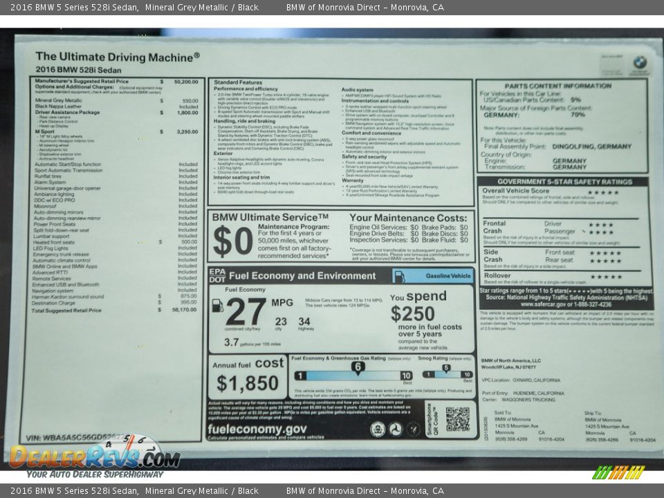 2016 BMW 5 Series 528i Sedan Mineral Grey Metallic / Black Photo #12