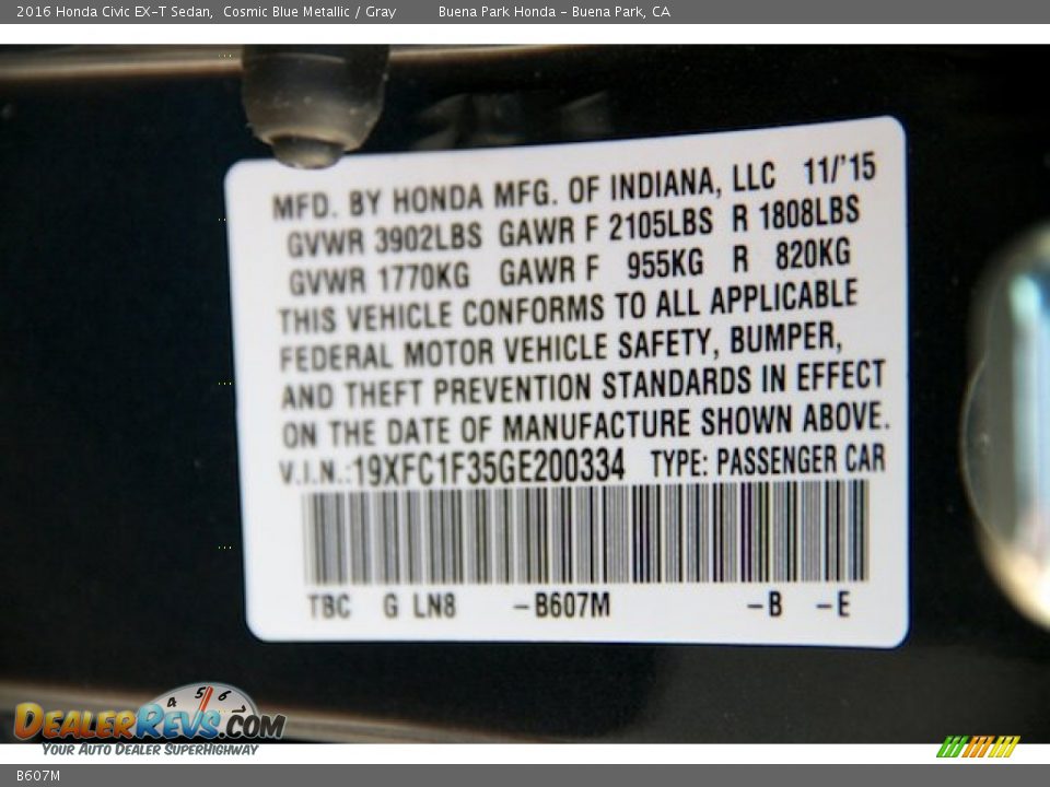 Honda Color Code B607M Cosmic Blue Metallic