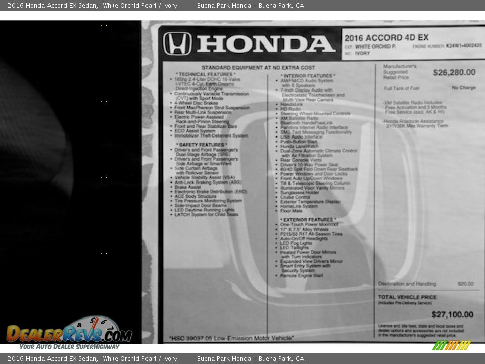 2016 Honda Accord EX Sedan White Orchid Pearl / Ivory Photo #19