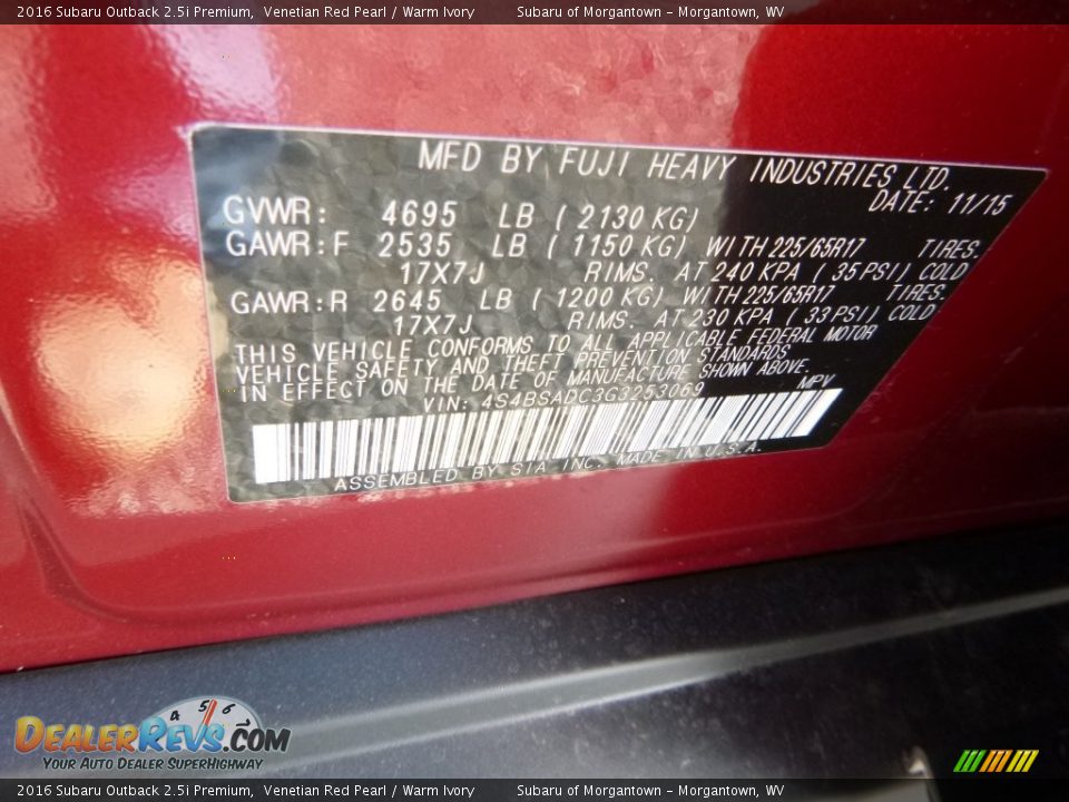 2016 Subaru Outback 2.5i Premium Venetian Red Pearl / Warm Ivory Photo #17