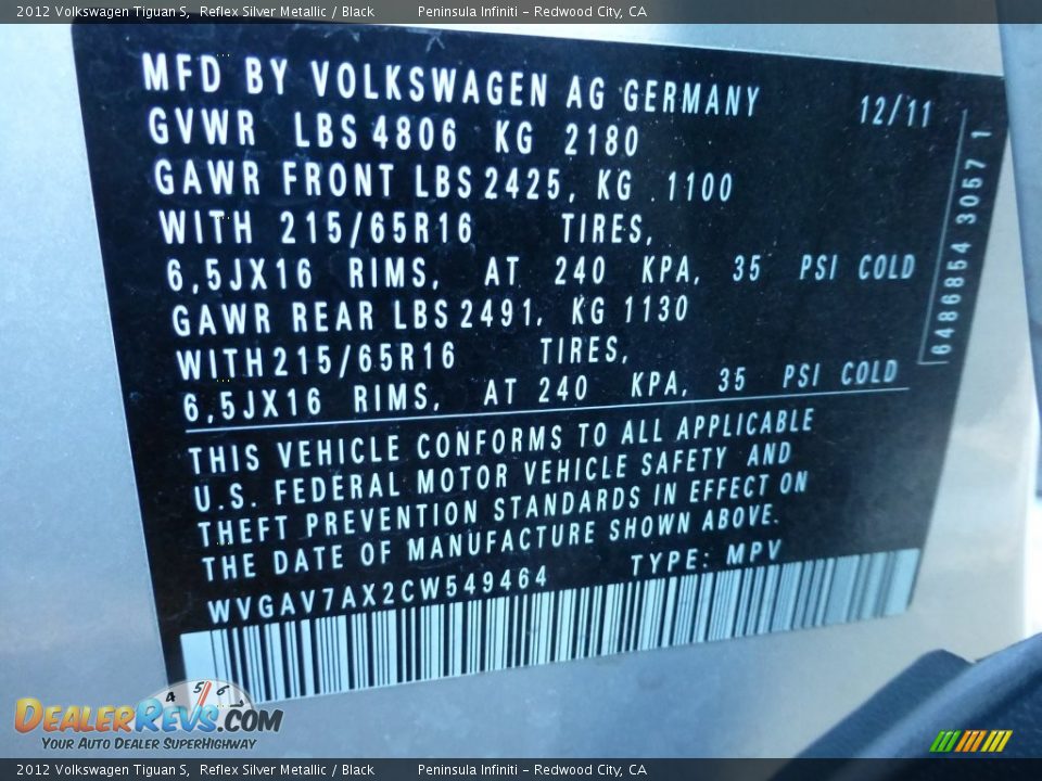 2012 Volkswagen Tiguan S Reflex Silver Metallic / Black Photo #22