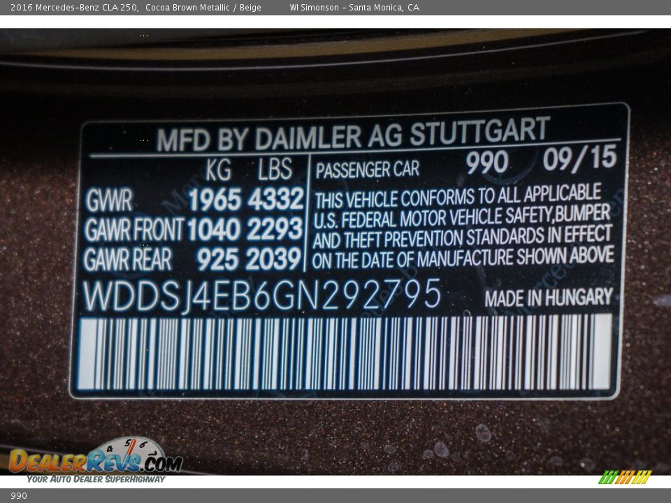 Mercedes-Benz Color Code 990 Cocoa Brown Metallic