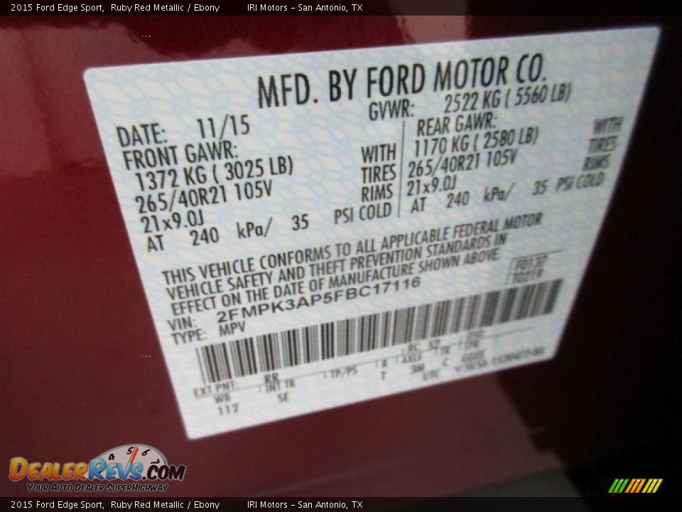2015 Ford Edge Sport Ruby Red Metallic / Ebony Photo #19