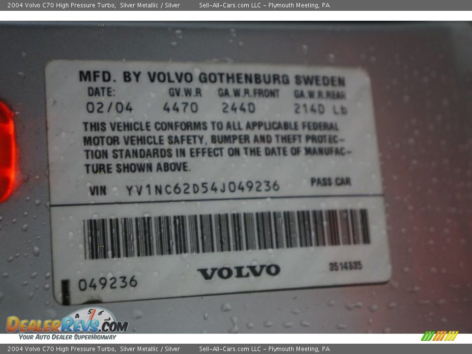 2004 Volvo C70 High Pressure Turbo Silver Metallic / Silver Photo #23