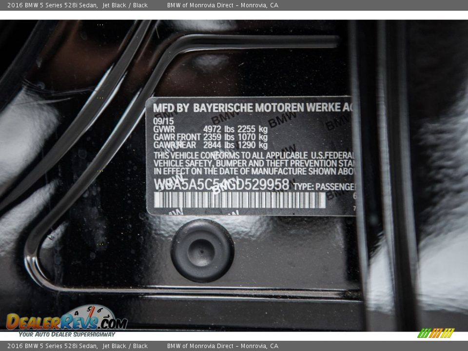 2016 BMW 5 Series 528i Sedan Jet Black / Black Photo #7