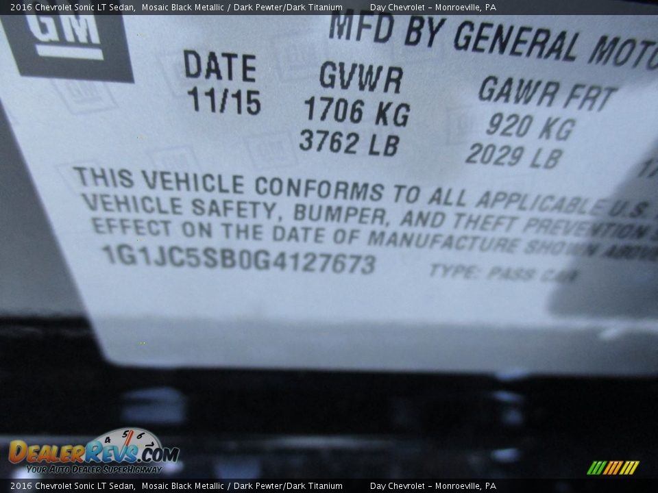 2016 Chevrolet Sonic LT Sedan Mosaic Black Metallic / Dark Pewter/Dark Titanium Photo #19