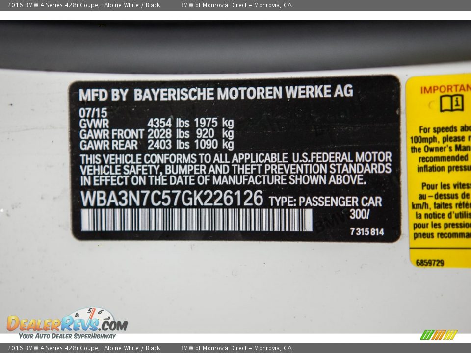 2016 BMW 4 Series 428i Coupe Alpine White / Black Photo #7