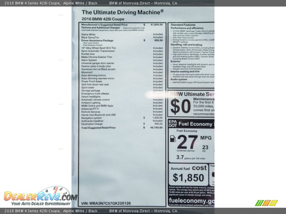 2016 BMW 4 Series 428i Coupe Alpine White / Black Photo #12