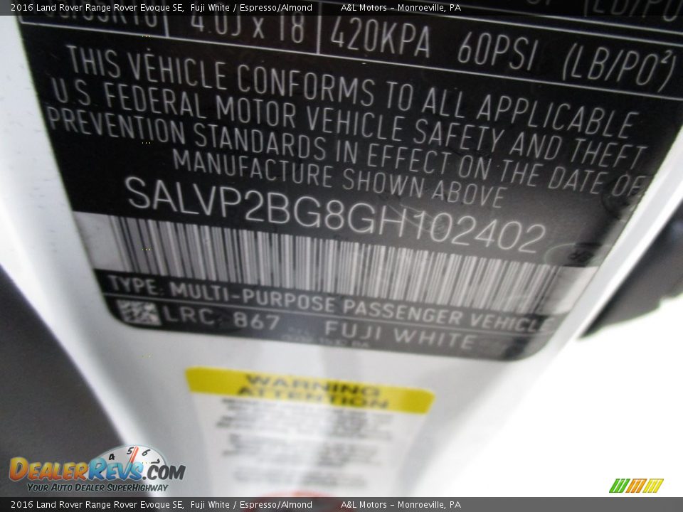 2016 Land Rover Range Rover Evoque SE Fuji White / Espresso/Almond Photo #19