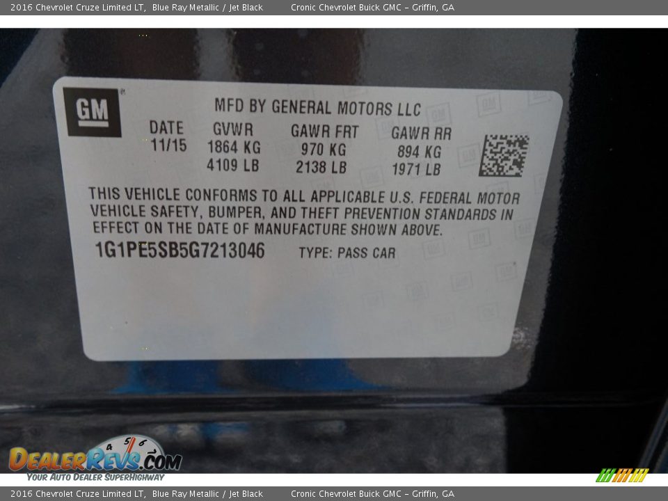 2016 Chevrolet Cruze Limited LT Blue Ray Metallic / Jet Black Photo #16