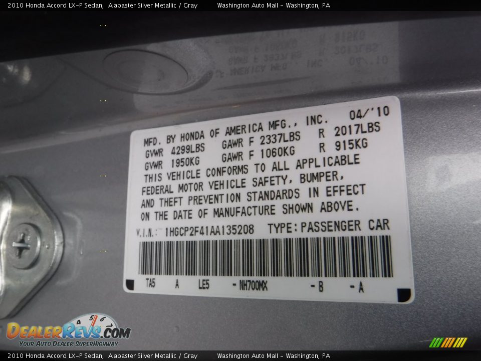 2010 Honda Accord LX-P Sedan Alabaster Silver Metallic / Gray Photo #19
