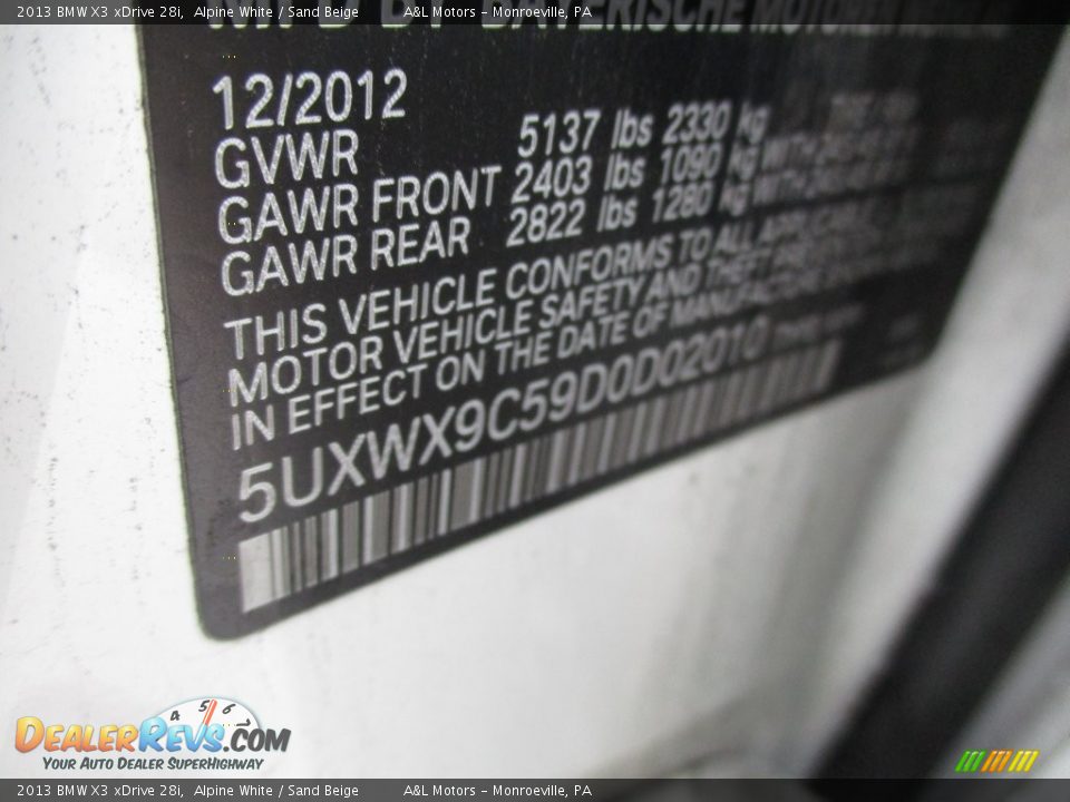 2013 BMW X3 xDrive 28i Alpine White / Sand Beige Photo #19