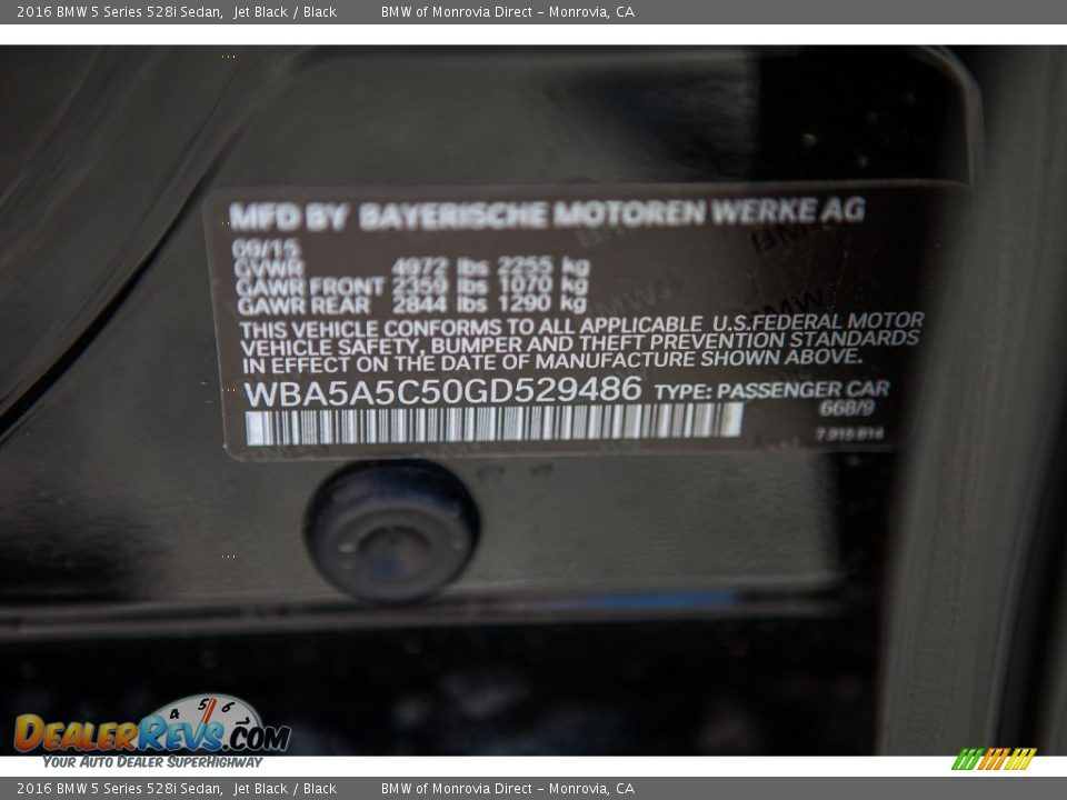 2016 BMW 5 Series 528i Sedan Jet Black / Black Photo #7