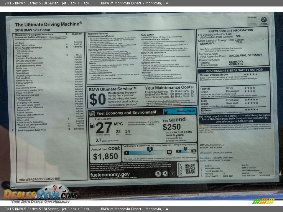 2016 BMW 5 Series 528i Sedan Jet Black / Black Photo #11