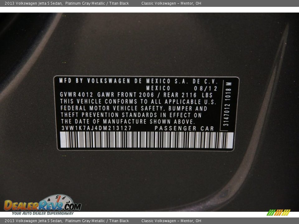2013 Volkswagen Jetta S Sedan Platinum Gray Metallic / Titan Black Photo #16