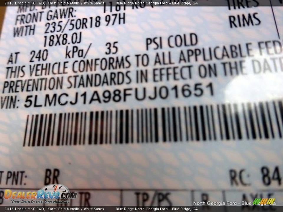 2015 Lincoln MKC FWD Karat Gold Metallic / White Sands Photo #31