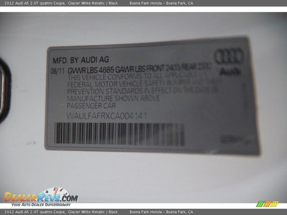 2012 Audi A5 2.0T quattro Coupe Glacier White Metallic / Black Photo #28