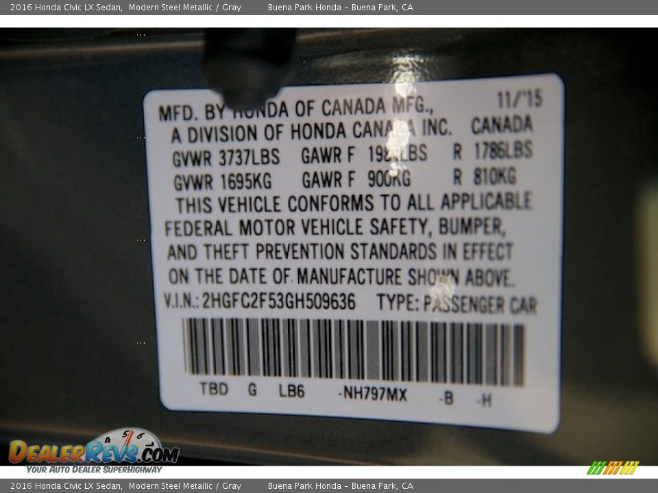 2016 Honda Civic LX Sedan Modern Steel Metallic / Gray Photo #18