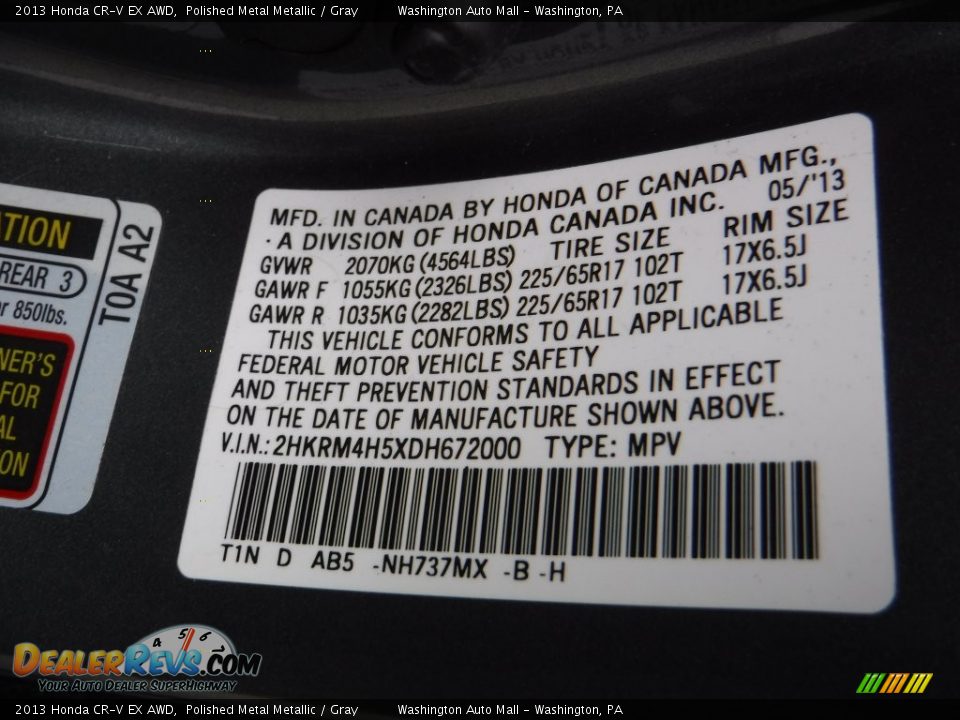 2013 Honda CR-V EX AWD Polished Metal Metallic / Gray Photo #19