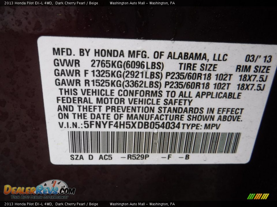 2013 Honda Pilot EX-L 4WD Dark Cherry Pearl / Beige Photo #24