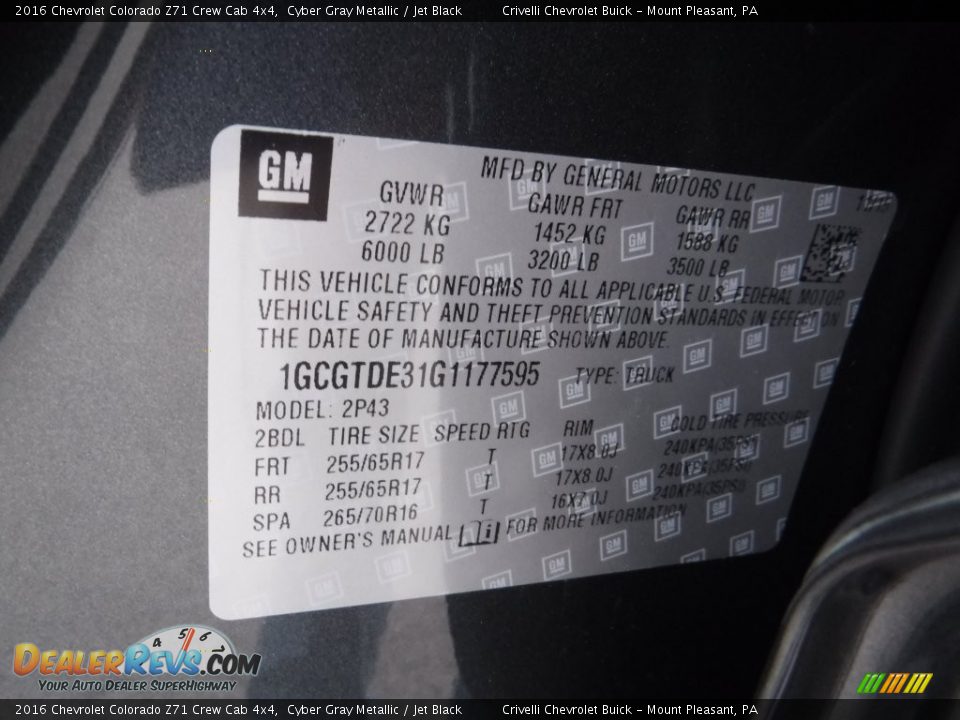 2016 Chevrolet Colorado Z71 Crew Cab 4x4 Cyber Gray Metallic / Jet Black Photo #25