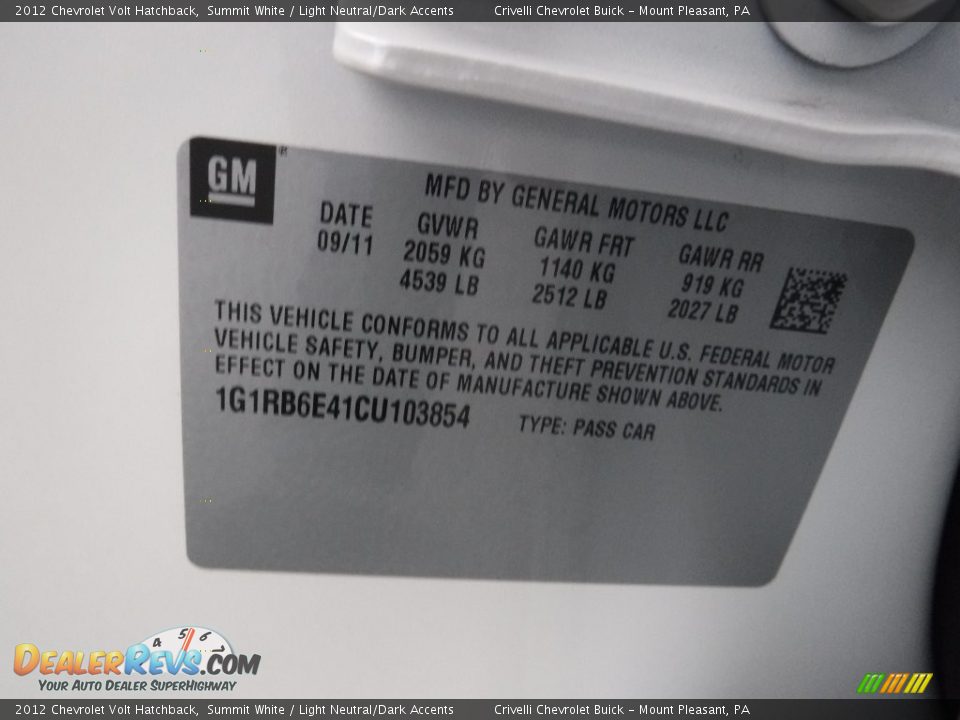 2012 Chevrolet Volt Hatchback Summit White / Light Neutral/Dark Accents Photo #34