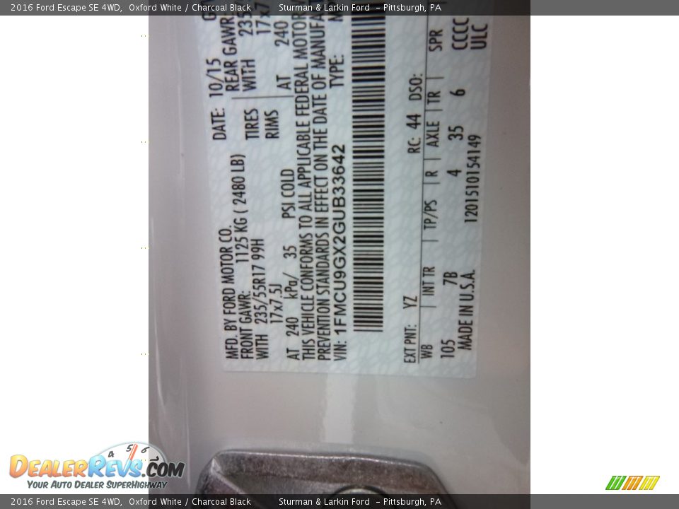 2016 Ford Escape SE 4WD Oxford White / Charcoal Black Photo #12