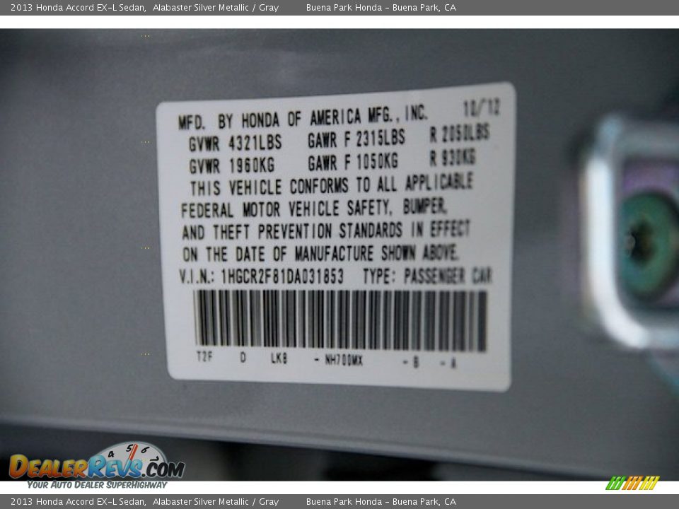 2013 Honda Accord EX-L Sedan Alabaster Silver Metallic / Gray Photo #35