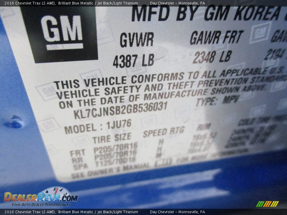 2016 Chevrolet Trax LS AWD Brilliant Blue Metallic / Jet Black/Light Titanium Photo #19