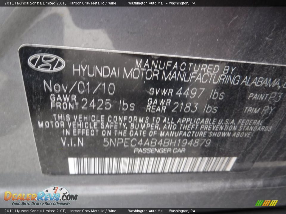 2011 Hyundai Sonata Limited 2.0T Harbor Gray Metallic / Wine Photo #24