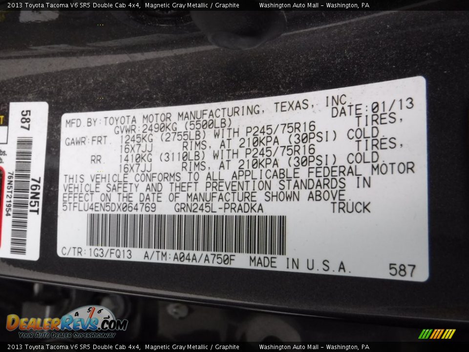 2013 Toyota Tacoma V6 SR5 Double Cab 4x4 Magnetic Gray Metallic / Graphite Photo #19