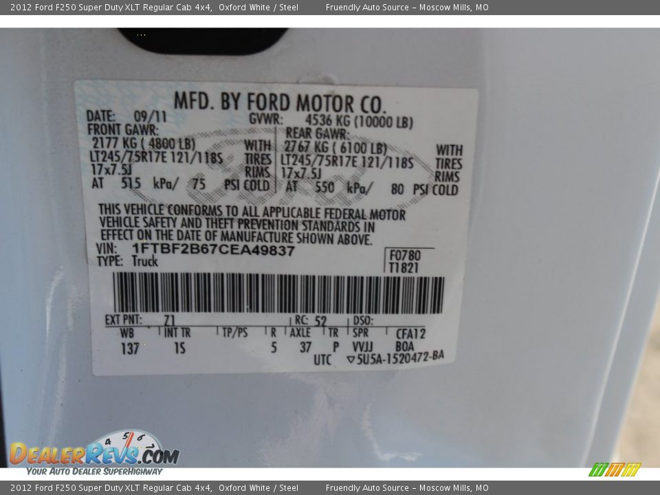 2012 Ford F250 Super Duty XLT Regular Cab 4x4 Oxford White / Steel Photo #20