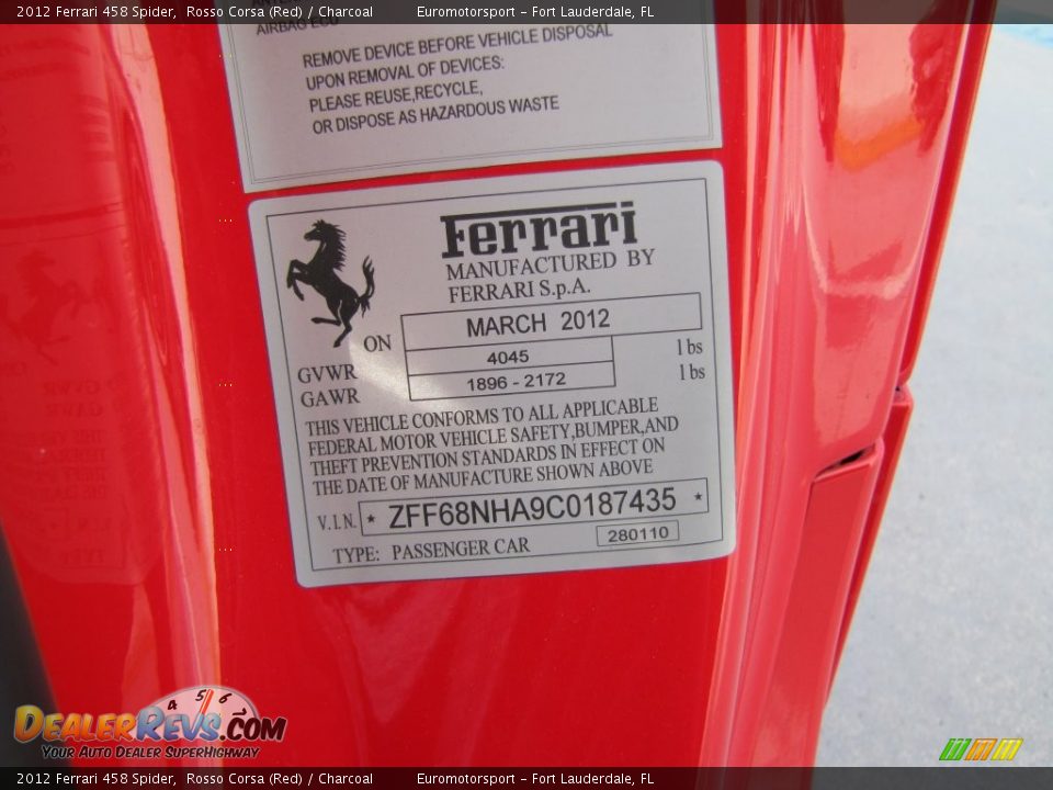 2012 Ferrari 458 Spider Rosso Corsa (Red) / Charcoal Photo #40