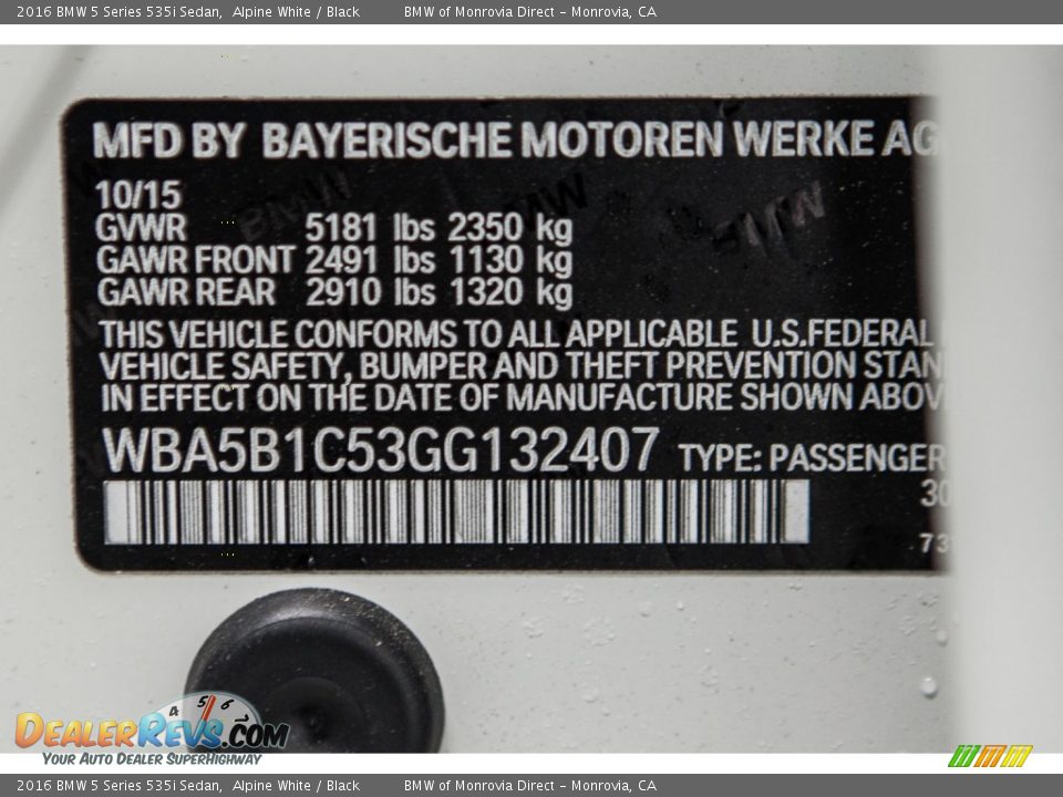 2016 BMW 5 Series 535i Sedan Alpine White / Black Photo #7