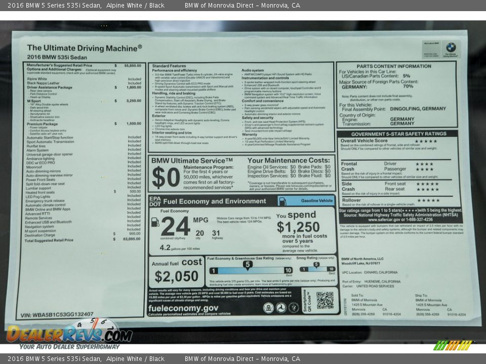 2016 BMW 5 Series 535i Sedan Alpine White / Black Photo #11