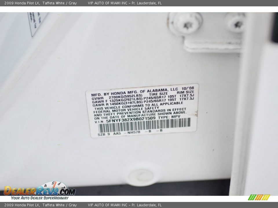 2009 Honda Pilot LX Taffeta White / Gray Photo #26