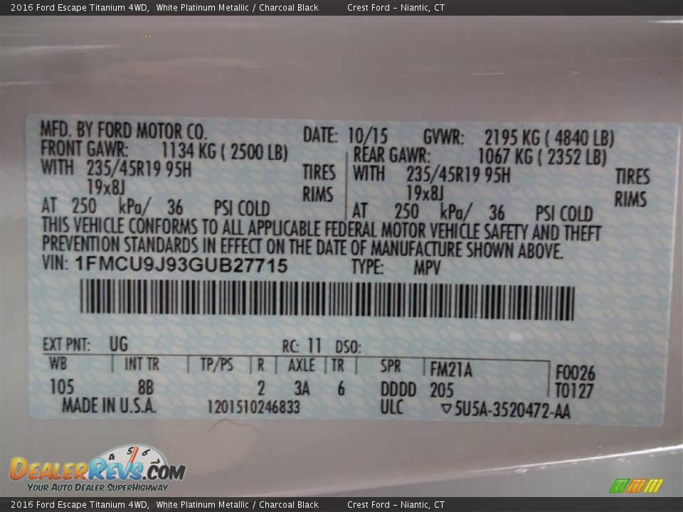 2016 Ford Escape Titanium 4WD White Platinum Metallic / Charcoal Black Photo #15