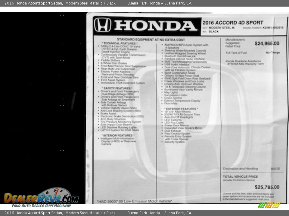 2016 Honda Accord Sport Sedan Modern Steel Metallic / Black Photo #16