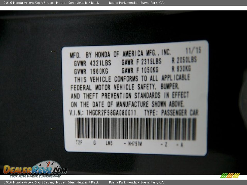 2016 Honda Accord Sport Sedan Modern Steel Metallic / Black Photo #19