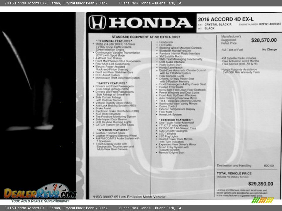 2016 Honda Accord EX-L Sedan Crystal Black Pearl / Black Photo #19