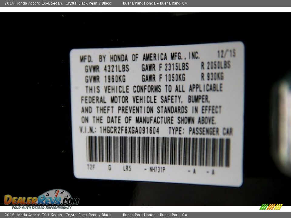 2016 Honda Accord EX-L Sedan Crystal Black Pearl / Black Photo #22