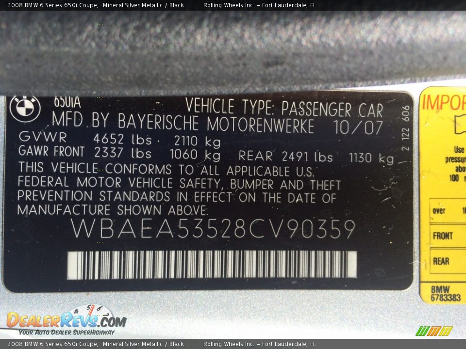 2008 BMW 6 Series 650i Coupe Mineral Silver Metallic / Black Photo #5