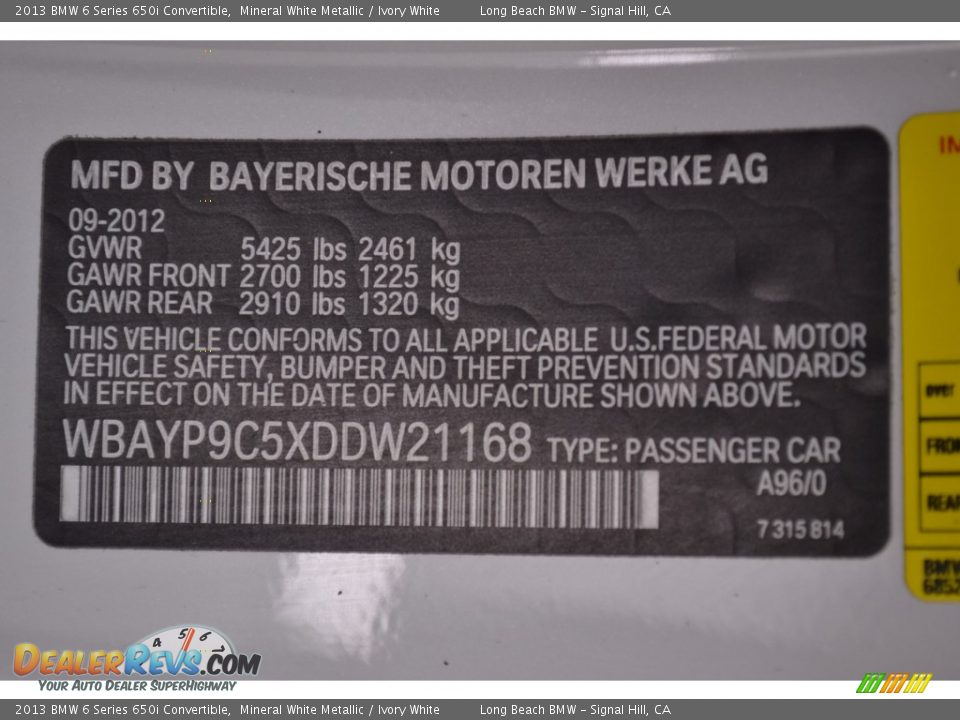 2013 BMW 6 Series 650i Convertible Mineral White Metallic / Ivory White Photo #11
