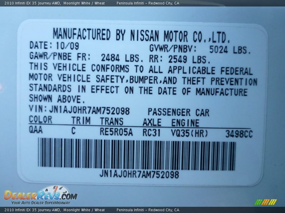 2010 Infiniti EX 35 Journey AWD Moonlight White / Wheat Photo #11
