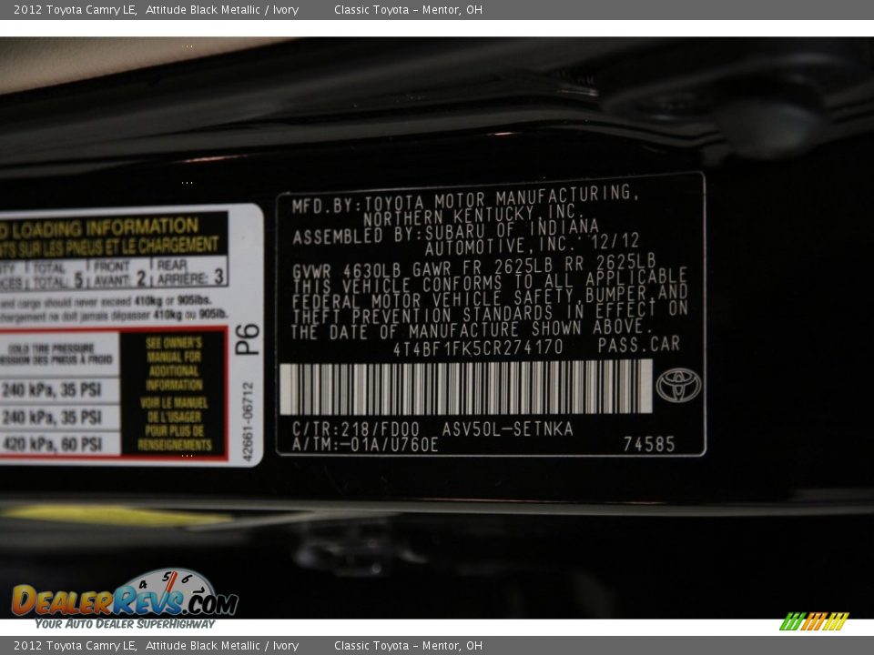 2012 Toyota Camry LE Attitude Black Metallic / Ivory Photo #17