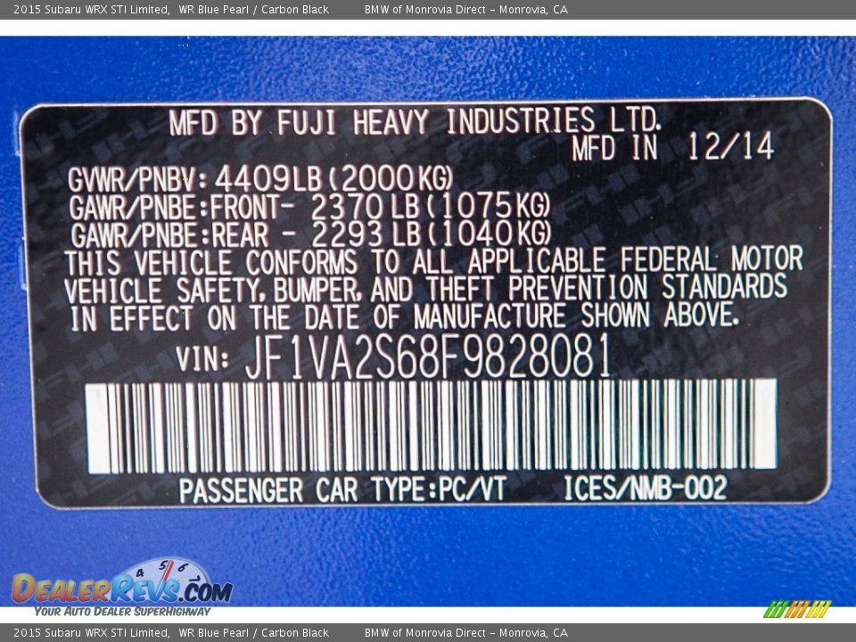 2015 Subaru WRX STI Limited WR Blue Pearl / Carbon Black Photo #20