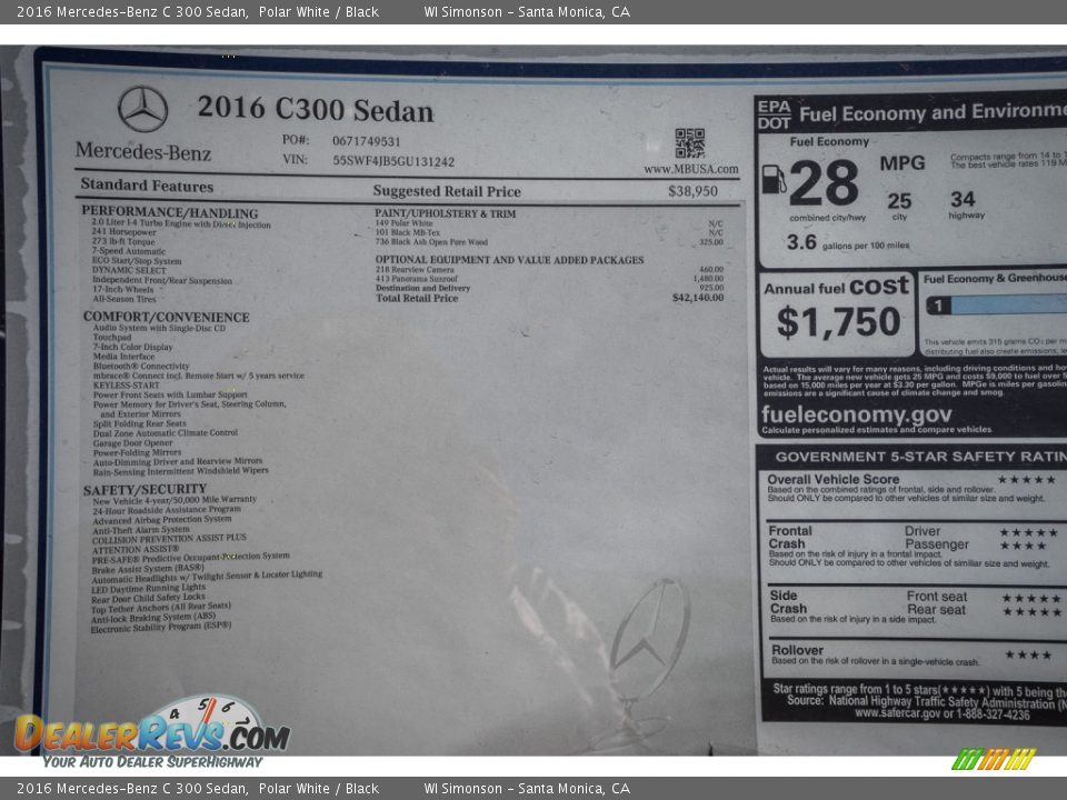 2016 Mercedes-Benz C 300 Sedan Polar White / Black Photo #10