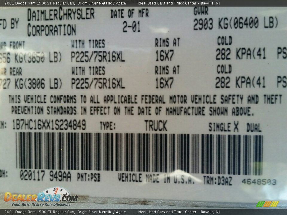 2001 Dodge Ram 1500 ST Regular Cab Bright Silver Metallic / Agate Photo #23