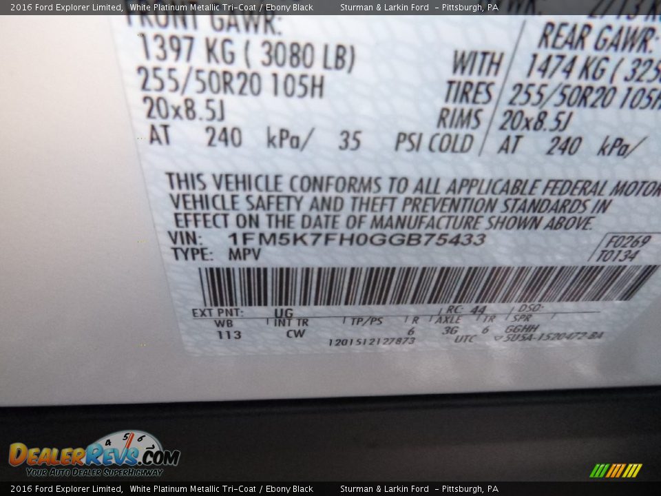 2016 Ford Explorer Limited White Platinum Metallic Tri-Coat / Ebony Black Photo #10