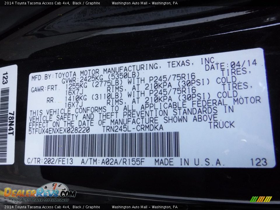 2014 Toyota Tacoma Access Cab 4x4 Black / Graphite Photo #20